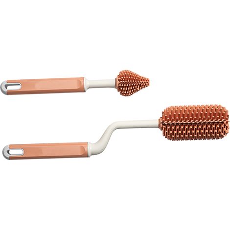 Brosse de nettoyage en silicone pour biberons avec long manche pour éliminer les résidus et nettoyer en profondeur les mamelons. Brosse pour biberons orange. (1/5)