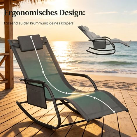 Fauteuil à bascule avec siège galbé ergonomique transat extérieur équipé d'une poche latente de rangement pratique pour jardin terrasse (1/5)