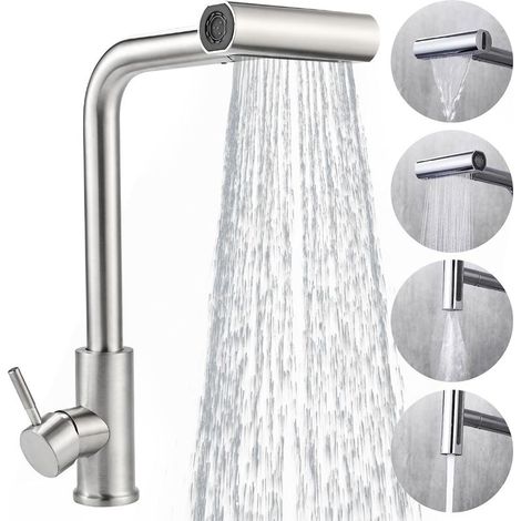 Mitigeur de cuisine avec douchette extensible en acier inoxydable – Rotatif 360° – 4 modes de débit – Système antigoutte – Installation facile (1/5)