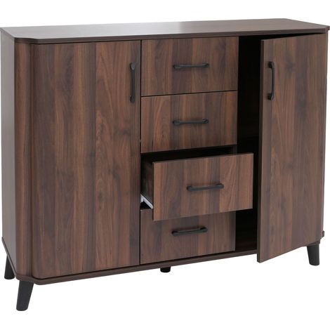 Commode HWC-P42, buffet, 4 tiroirs, 2 portes, MDF 92 x 120 x 40 cm - aspect noyer