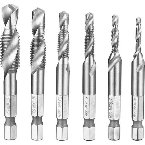 Kit de Forets À Métaux,6 Pcs Combinaison Drill et Jeu de mèches pour Tarauds Hss Foret et Tarauds Embouts de Fraise à Queue Hexagonale 1/4" Kit De Perçage Polyvalent (Argenté, Version Courte) (1/4)