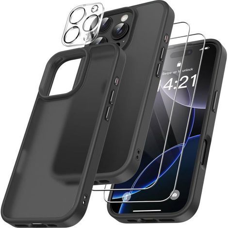 KLVGTIFS PU – 4-in-1-Hülle für iPhone 16 Pro Max mit 2 Displayschutzfolien aus gehärtetem Glas und 1 Kameraschutz, Schutzhülle für iPhone 16 Pro Max (6,9 Zoll), Schwarz (1/5)