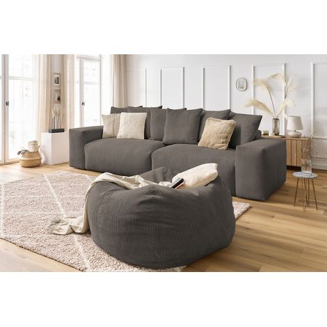 BOBOCHIC - Canapé droit fixe 4 places VOLTAIRE velours côtelé avec pouf   Taupe (1/5)