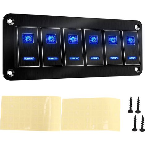 Panneau de 6 interrupteurs à bascule étanche rétroéclairé bleu en alliage d'aluminium anodisé noir pour voiture camion camping-car bateau 12V‑24V (1/5)