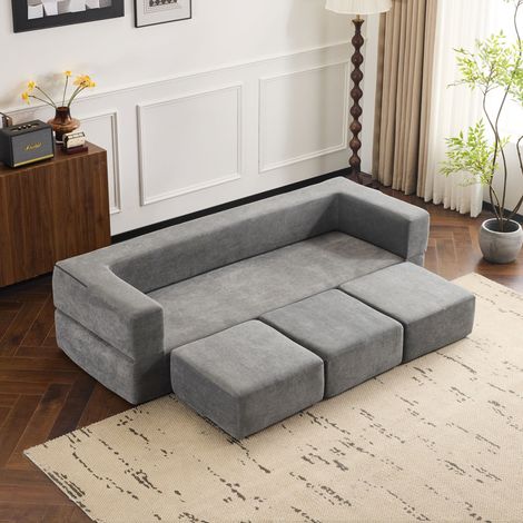 Divano letto modulare grigio con 3 pouf, schiuma ad alta elasticità, ciniglia, OKWISH (1/5)