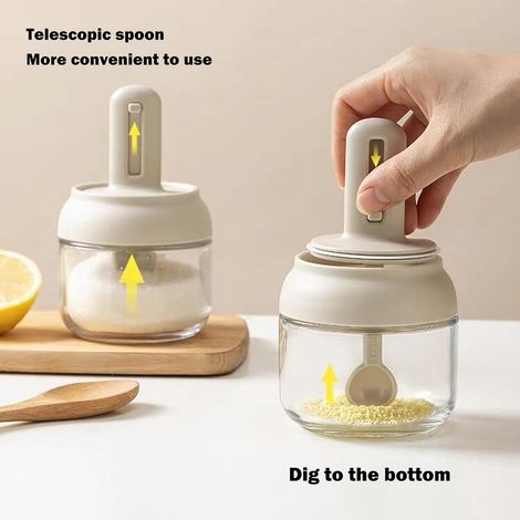 1 pieza - azucarero y salero - tarro de especias de vidrio - tarro de especias con cuchara telescópica - recipiente de almacenamiento hermético - tarro de especias de cocina multifuncional (1/5)