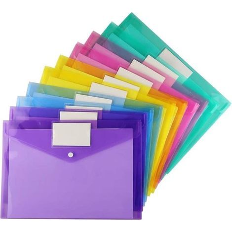 Document Folder, 10 A4 Folders in 5 Different Colors, with Snap Closure and Business Card Pocket, for Filing, Sorted for School, Work, Office, and Home