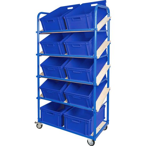 BRB Schrägboden-Regalwagen mit 5 Ebenen, bestückt mit 10 Euroboxen 600x400x220 mm blau (1/3)