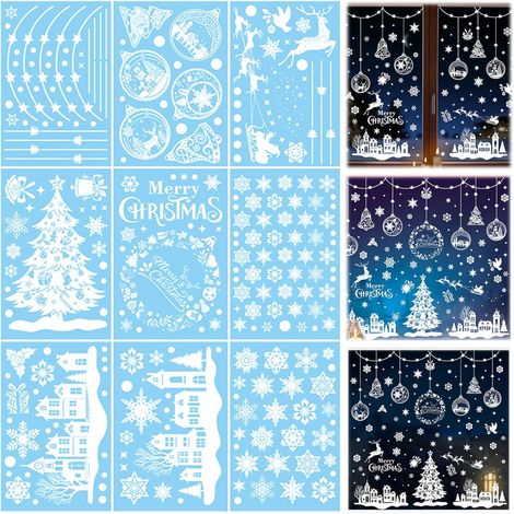 Lot de 9 autocollants de fenêtre de Noël réutilisables, double face en PVC statique, flocons de neige, décorations de fenêtre de Noël blanches avec arbre de Père Noël pour autocollants en (1/5)