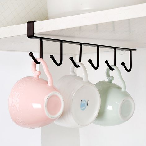 6 Hooks Metal Under Hanging Shelf Kitchen Cupboard Organiser, Black