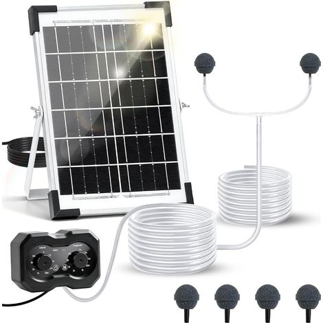 Pompe à oxygène solaire 6 W, aérateur solaire pour bassin, pompe à oxygène pour aquarium à conception séparée avec double sortie d'air, modes de fonctionnement 5 h / 10 h, aérateur solaire pour bassin (1/5)