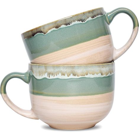 Großes Keramik-Kaffeebecher-Set, 2er-Pack, Jumbo-Latte-Becher aus Steingut, geeignet für Büro und Zuhause, 47 cl, spülmaschinen- und mikrowellengeeignet (Grün, 2) (1/5)