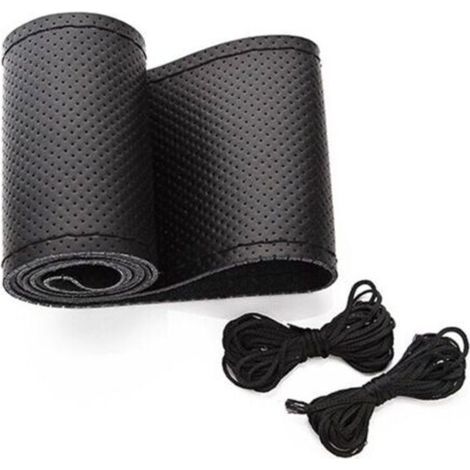 Universal leather car steering wheel cover, DIY stitching, breathable and non-slip, 15" (black) (1/5)