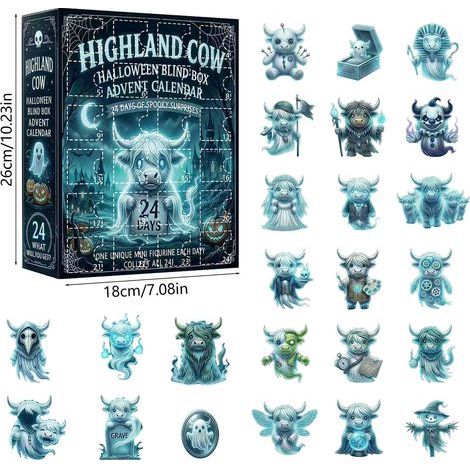 Calendrier de l'Avent avec des motifs de vaches des Highlands effrayantes – 24 adorables décorations d'Halloween à suspendre en acrylique 2D – Calendrier de l'Avent de 24 jours pour décorer Halloween (1/5)