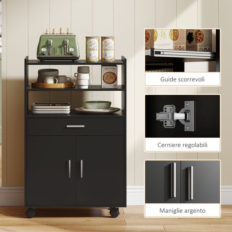 Armoire micro-ondes en bois noir, meuble cuisine avec tiroir, 2 portes et 2 étagères, 59x40x92 cm (1/5)