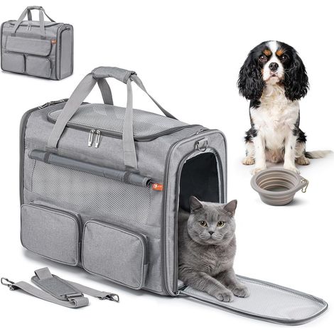 Sac Transport Chat Petit Chien Avion 55x40x23 Cabine Pliable Respirant Caisse Transport Dog Chat Carrier Bag avec Matelas en Peluche Amovible, Gamelle Chat pour Chats et Chiots Jusqu’à 12kg (1/5)