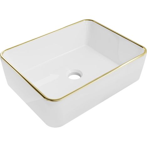 Vasque à poser rectangulaire Silla, lavabo salle de bain en céramique 48x37x13 cm, design moderne, installation facile, Blanc/Or
