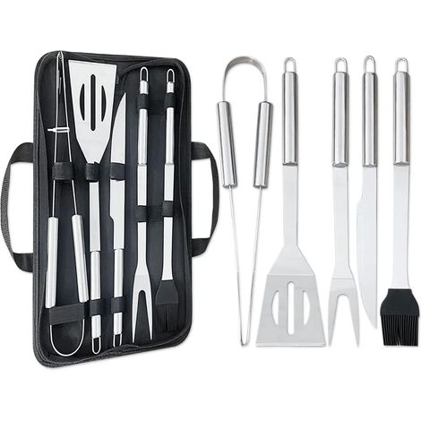 5-teiliges professionelles Grillbesteck-Set mit Aufbewahrungstasche – Verdicktes Edelstahl-Grillzubehör-Set – Pfannenwender, Gabel, Grillpinsel, Tafelmesser, Grillzange – Ideal zum Grillen