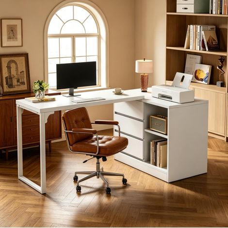 Escritorio esquinero en L blanco de Melaminado y metal, modular con almacenaje FloraGrace (1/5)