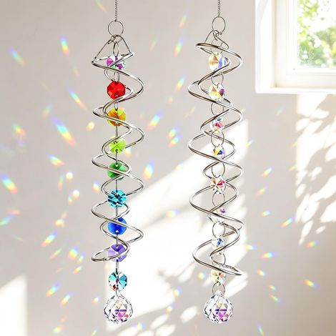 2 Stück Sonnenfänger, Kristall Suncatcher Windspiel mit Spiralschwanz, Lichtfänger Kristall, Buntes Prismenlicht für Wohnzimmer, Garten, Party, Fensterdeko für Zuhause, Büro, Balkon (1/5)