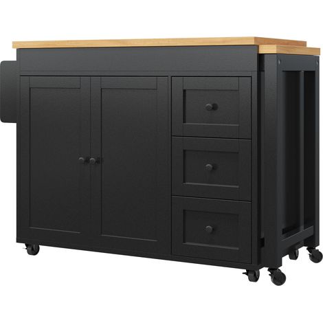 Îlot de cuisine extensible avec 3 tiroirs, roulettes et plan snack, 116-179,5 cm, noir (1/5)