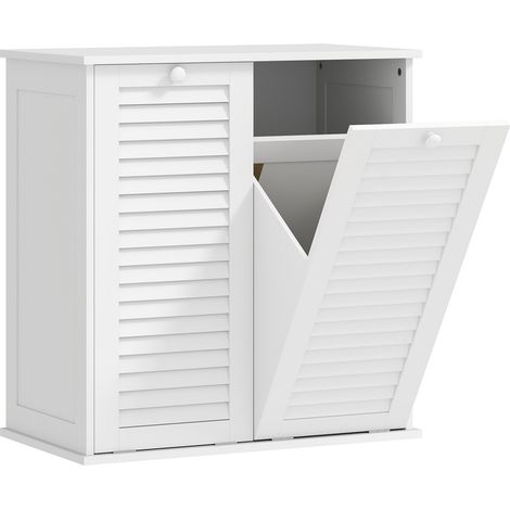 Panier à linge salle de bain meuble avec 2 paniers coulissants, poignées, portes lattes et rangement intégré 70x38x73 cm blanc (1/5)