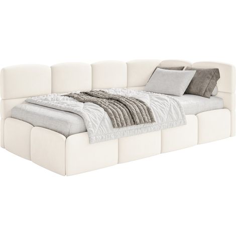 Selsey Cloudy – Jugendbett 120x200, Kopfteil rechts, Matratze & Bettkasten, Samt Creme