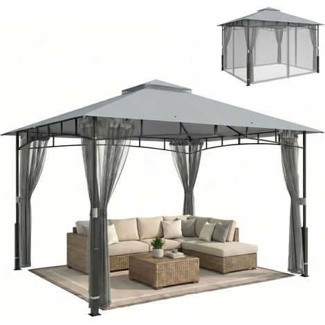 Grauer Gartenpavillon mit Doppeldach, Seitenwänden aus Netzgewebe (UPF 50+) für Terrasse und Garten, 360 x 300 x 275 cm
