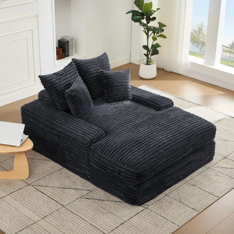 Méridienne en velours côtelé gris avec 4 coussins amovibles, 135 x 165 x 58 cm
