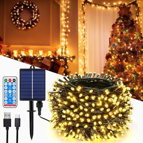 Guirlande lumineuse solaire d'extérieur 20m, 200LED, guirlande lumineuse de Noël LED d'extérieur avec 8 modes + minuterie + télécommande, guirlande pour jardin, balcon, mariage, blanc chaud (1/5)