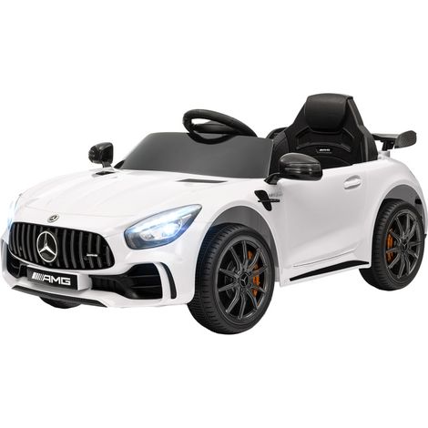 Coche eléctrico infantil Mercedes-Benz AMG GTR 12V con mando a distancia parental, vehículo infantil de plástico con luces LED y música, blanco (1/5)