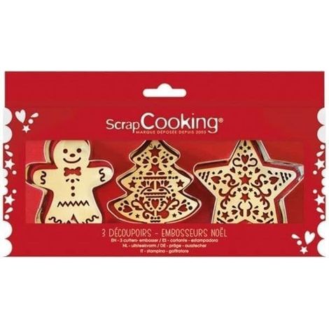 Coffret avec 3 emporte-pièces et moules en bois sur le thème de Noël (bonhomme en pain d'épice, sapin et étoile) et argent (1/4)