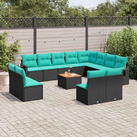 Ensemble Canapé de Jardin 13 Pcs Salon de Jardin Modulaire en Résine Tressée Noir et Bleu - PANGIVO (1/5)