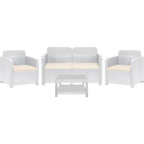 Set rattan garda divano 2 posti e 2 poltrone e tavolino colore bianco