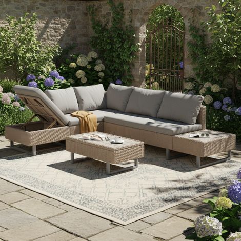 Ensemble de mobilier de jardin en polyrotin, canapé lounge, salon de jardin pour 4 à 5 personnes, avec canapé d'angle, table et coussins, housse en tissu amovible et lavable, couleur kaki (1/5)