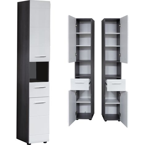 Hochschrank Badezimmer 30 cm breit LISBOA-19 in Weiß Hochglanz mit Sardegna Rauchsilber, B/H/T: ca. 30/182/31 cm (1/5)