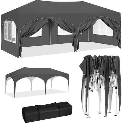 CHICFURN Cenador de jardín 3x6 m gris de metal con 6 paredes, resistente al agua y anti-UV (1/5)