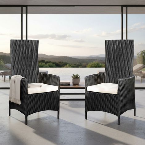 Melko Rattansessel Sessel Stuhl Garten hochlehner Kissen Balkon Sitzmöbel schwarz 2er (1/5)