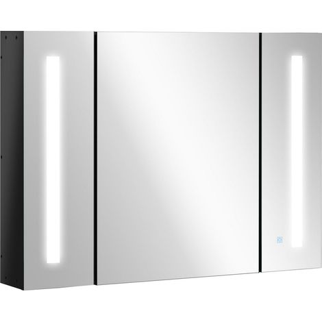 ARMADIETTO CON SPECCHIO A PARETE CON 3 RIPIANI E LUCE LED 90X15X65 CM NERO (1/5)