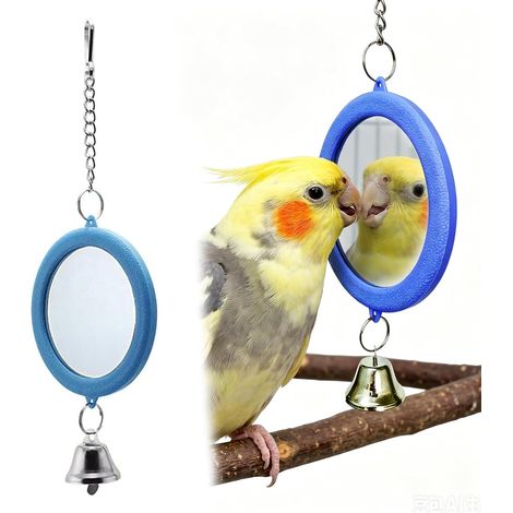 1 miroir à oiseaux avec clochette, jouet balançoire à suspendre pour perruches, calopsittes et canaris (bleu) (1/5)