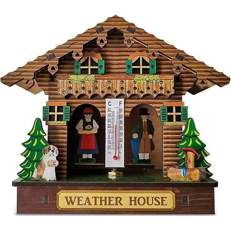 Station météorologique forestière avec maison en bois représentant un homme et une femme, baromètre, thermomètre et hygromètre (1/5)
