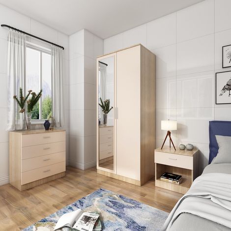 ELEGANT 3 Piece Bedroom Furniture Sets, 2 Door Soft Hinge Mirrored Wardrobe with Mirror, 4 Drawer Chest of Drawers, Beside Cabinet, Cream/Oak (1/5)