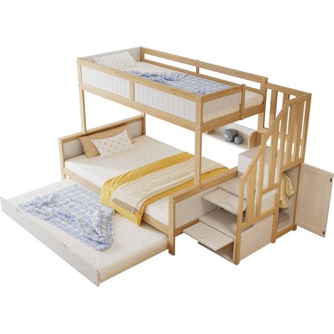 Lit superposé enfant 3 couchages gain de place avec lit tiroir, armoire, escalier de rangement et barrières, blanc et bois clair, 90/120x200 cm – CHICFURN (1/5)