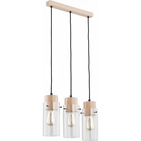 Alfa Tantum 60176 Modern 3-Light Pendant Ceiling Lamp, Light Wood & Clear Glass Shades, E27 Max 3x60W, Dimmable, Adjustable Drop 100cm, IP20, for Dining Room & Living Room (1/4)