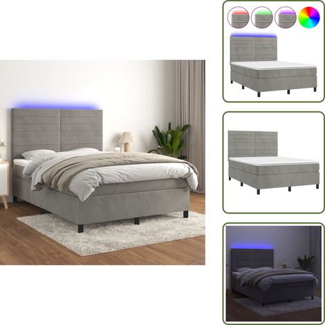 Boxspringbett mit Matratze & LED Hellgrau 140x190 cm Samt - Boxspringbett - Samtbett - Doppelbett - LED Beleuchtung - Matratze (1/5)