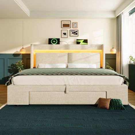 Bett mit Stauraum 180x200 cm, Leinen in Beige, mit LED, USB/USB-C, hydraulischem Bettkasten und Lattenrost