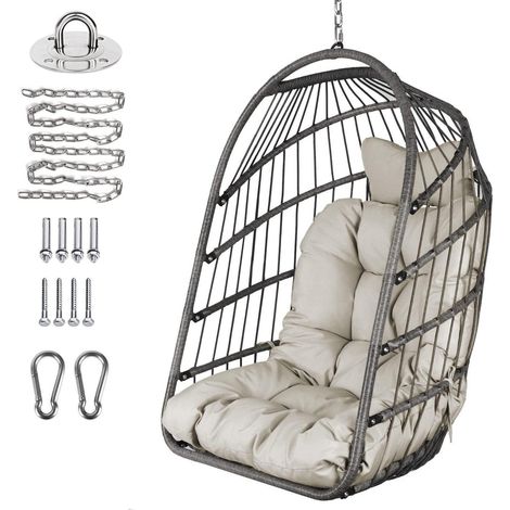 Hängesessel Rattan Korb Hängestuhl faltbar mit Aufhängeset Grau (1/5)