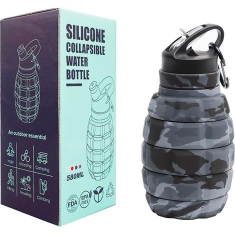 Anpassbare Granaten-Trinkflasche 580 ml – Faltbar – BPA-frei – Auslaufsicher – Silikon – Für Fitnessstudio, Radfahren, Wandern – Mit Haken – Tarnfarben Grau (1/5)