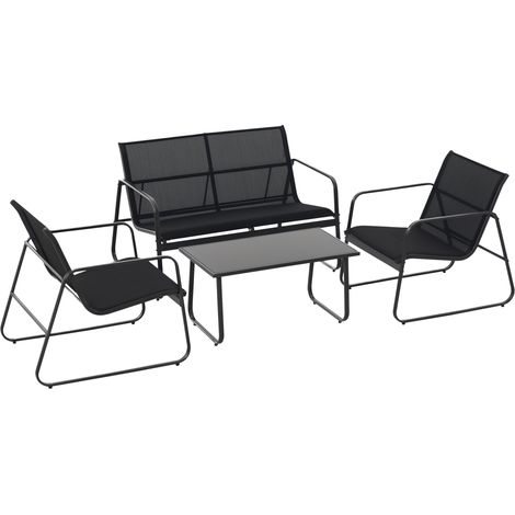 4-teiliges Garten-Lounge-Set mit 2-Sitzer-Gartenbank, 2 Stühlen und Couchtisch aus gehärtetem Glas, Metall und Texteline, Schwarz