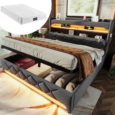 Lit double capitonné 140x200 cm moderne en lin gris avec tête de lit rangement USB/Type-C, LED 360° et coffre relevable (1/5)